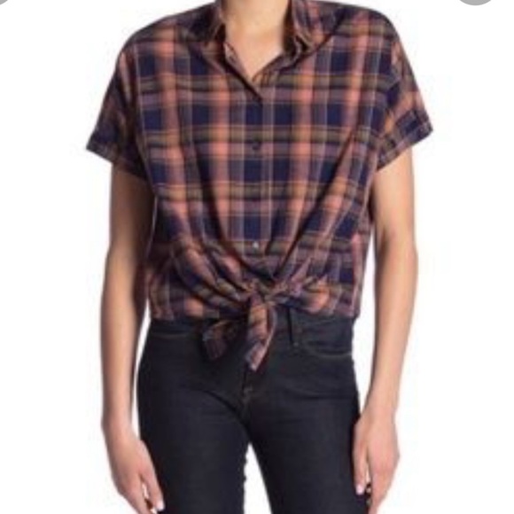 Madewell Tie Front Peach & Navy Plaid Boxy Button Down Top Like New Medium - Picture 1 of 6